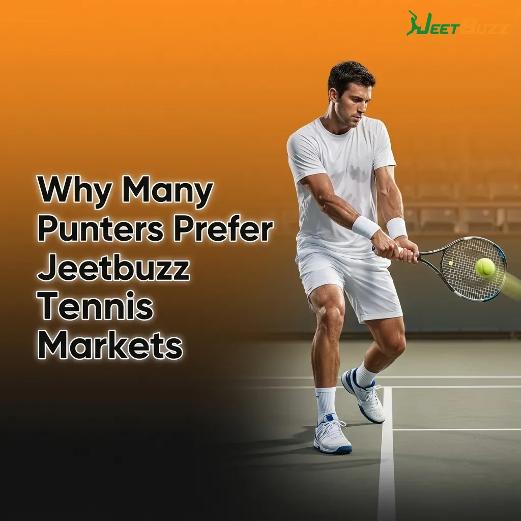 Graphic highlighting Jeetbuzz tennis betting features: wide tours, live odds, diverse bet types, PKR payments, cash-out, and tools.