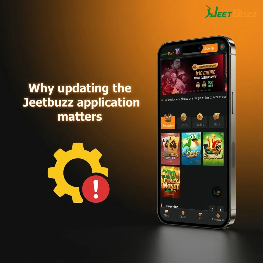 Illustration of a Jeetbuzz app on a phone showing updates improving speed, security, and new betting and casino features