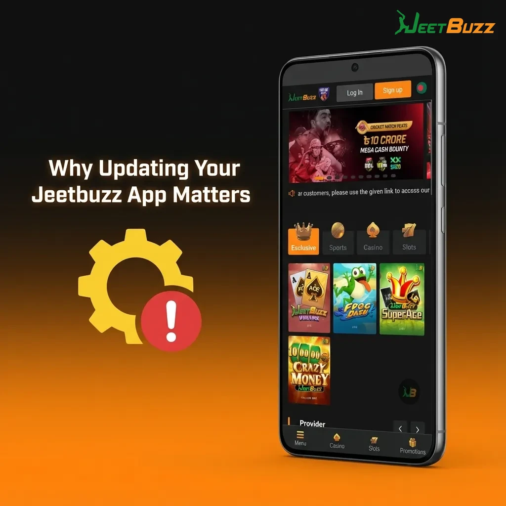 Smartphone screen showing Jeetbuzz app update benefits: faster bets, bug fixes, stronger security, and new betting features.