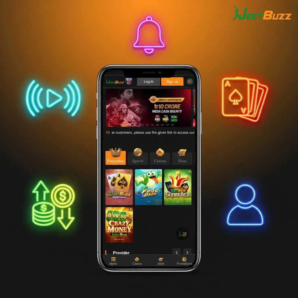 Mobile app interface showing live betting, casino games, deposits, and account management features for Pakistan players